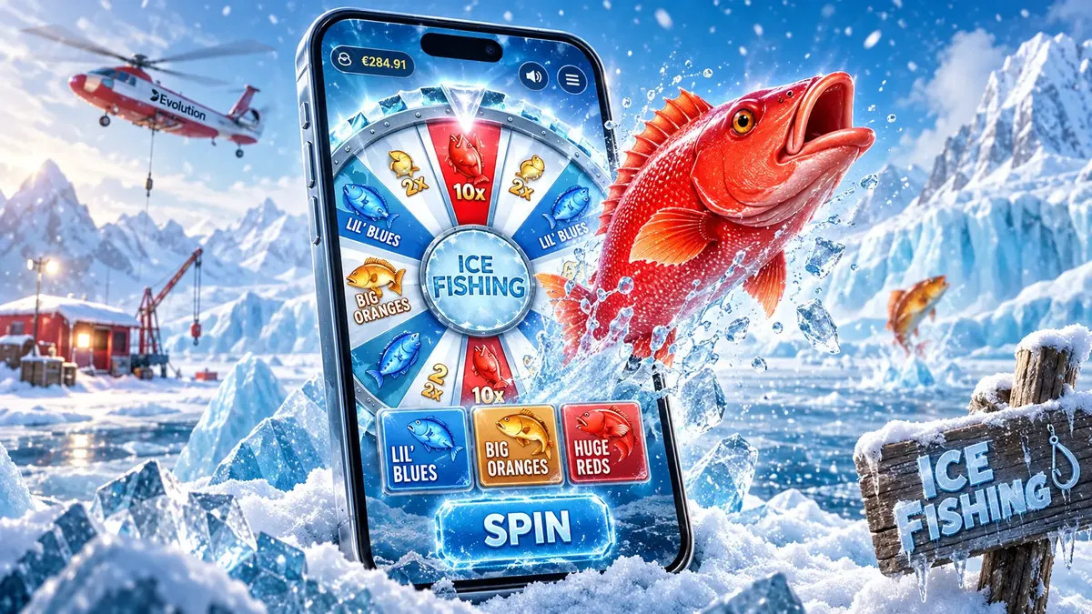 Ice Fishing wheel with 100x, 300x and 500x multipliers on a smartphone screen