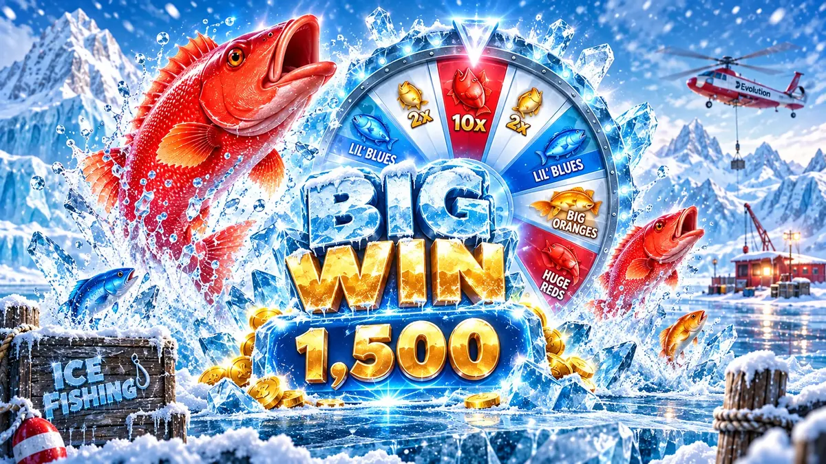 Huge Reds fish breaking through the ice with a 300x multiplier and a 1,500 win