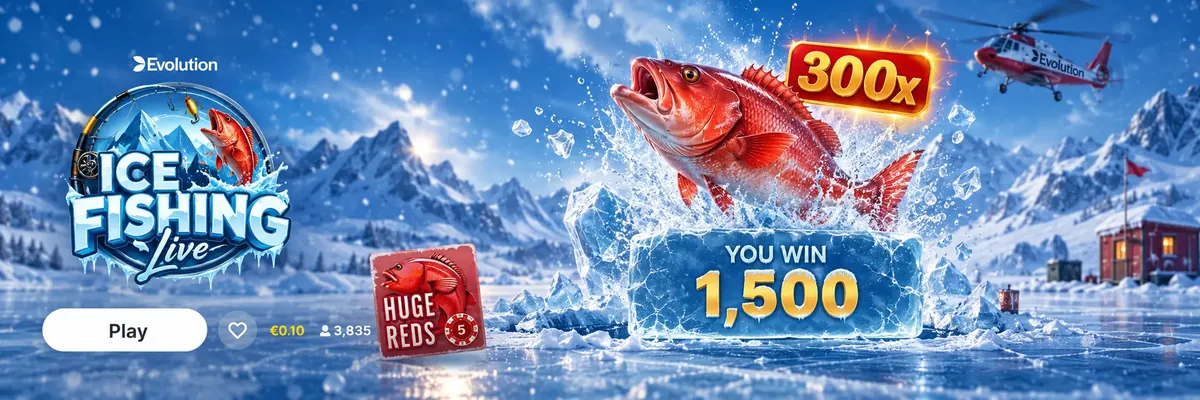Ice Fishing Live by Evolution in an online casino lobby with a Play button and a 300x Huge Reds win