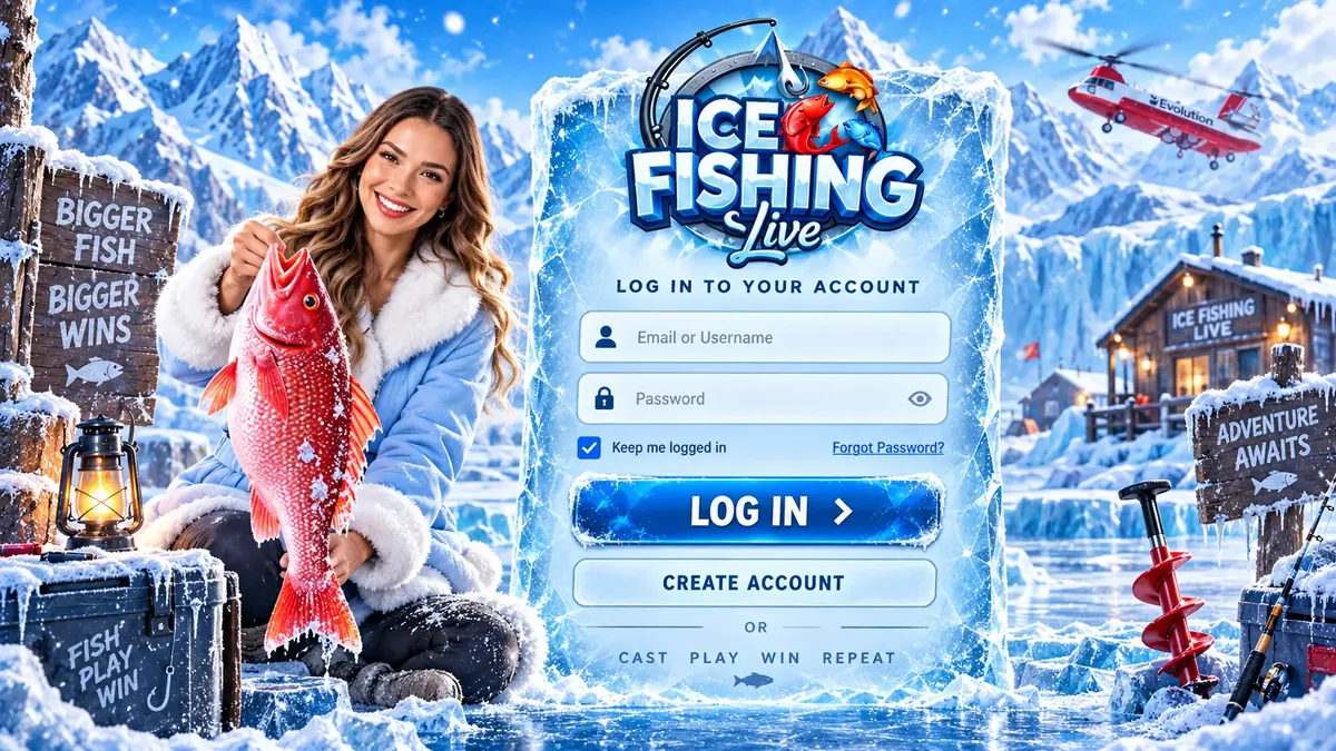 Casino lobby in a browser window showing Ice Fishing Live by Evolution with a Play button