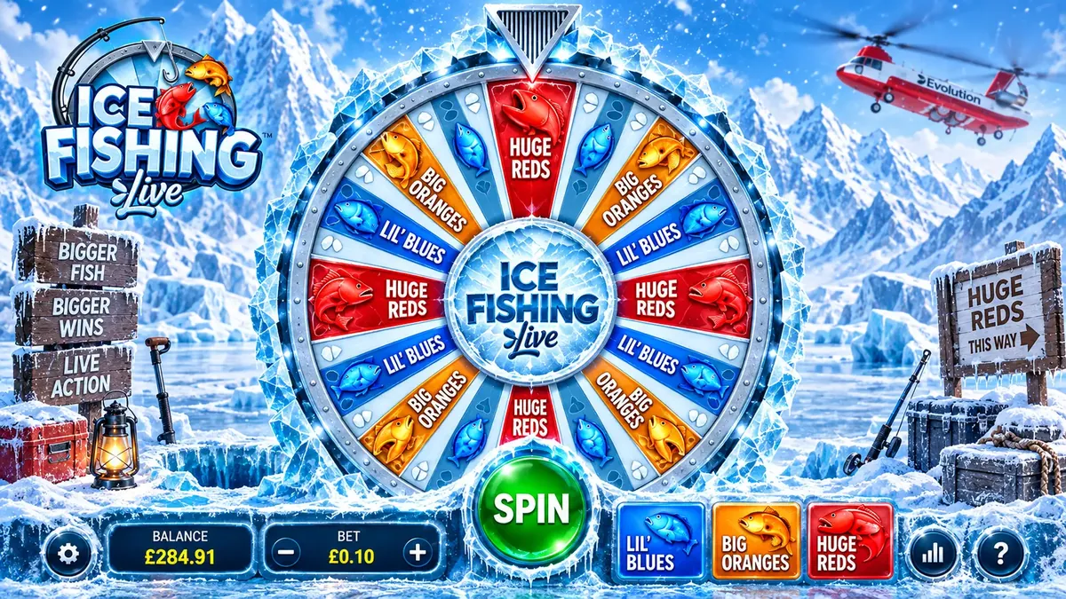 Ice Fishing live game screen with Lil' Blues, Big Oranges, Huge Reds and All Bonuses bet spots