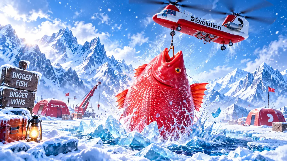 Evolution helicopter lifting a giant Huge Reds fish from the ice with a 62x multiplier